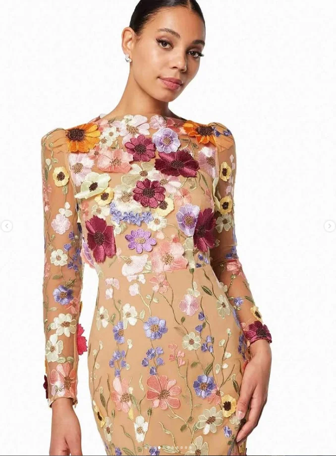 Champagne tornozelo comprimento sereia vestidos formais de noite manga longa 3d floral applique festa de casamento vestido de convidado personalizado