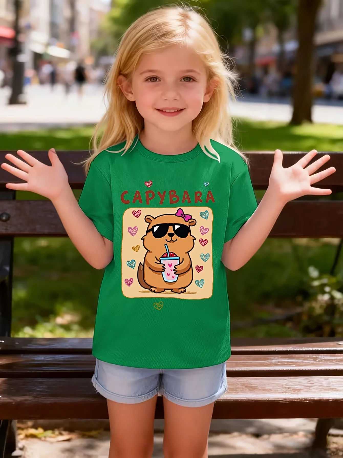 Cute Sunglasses Capybara Cartoon Heart Drink  Graphic Print T Shirt Family Matching Boys Girls Kids Casual Short Sleeve Tops