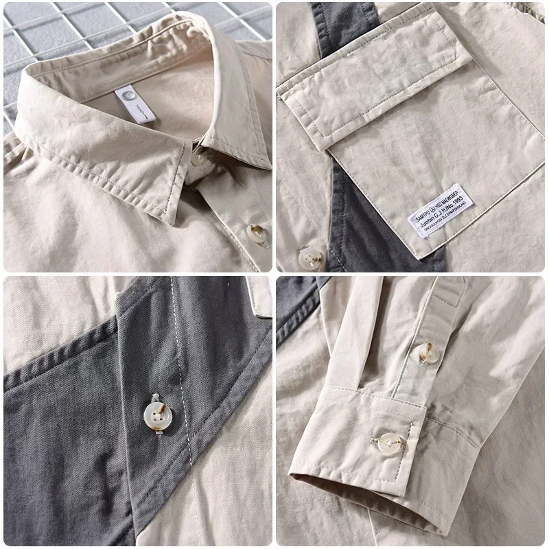 

Japanese Fashion Streetwear Cargo Shirt Men Long Sleeve Spring Fall Casual Pure Cotton Workwear Tops Lapel Patchwork Shirts Male