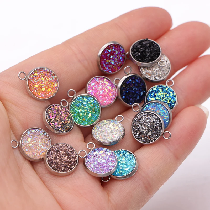 40pcs/lot Sparking Glitter Faux Cabochon Charms Stainless Steel DIY Pendant For Jewelry  Making Wholesale