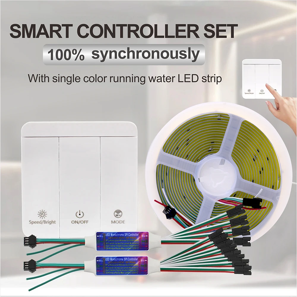 ตัวควบคุมไฟ LED แบบน้ำไหล DC 5-24V แผงควบคุม 3 ปุ่ม ควบคุมแบบซิงโครนัส WS2811 ไฟ LED สีเดียวแบบ COB 360 ดวง/เมตร ไฟน้ำไหล