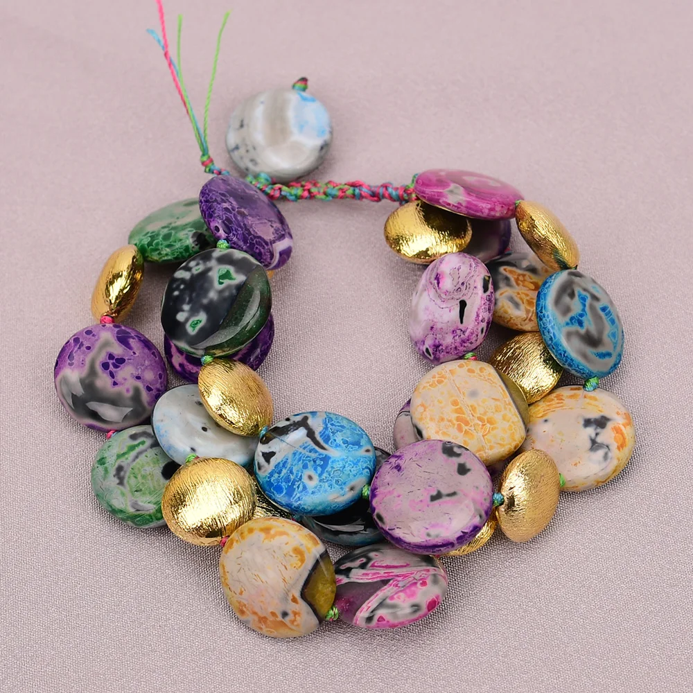 G-G 3 Rows 20mm Natural Mix color Ocean Jasper Agate Gold Brushed Coin Beads Bracelet 8.5