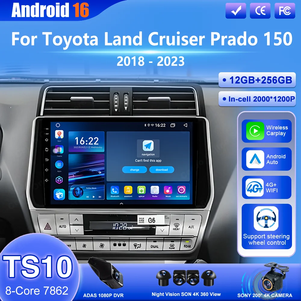 

Android 16 Carpaly Navigation GPS For Toyota Land Cruiser Prado 150 2018-2023 Auto Multimedia Video Player Touch Screen 4G WIFI