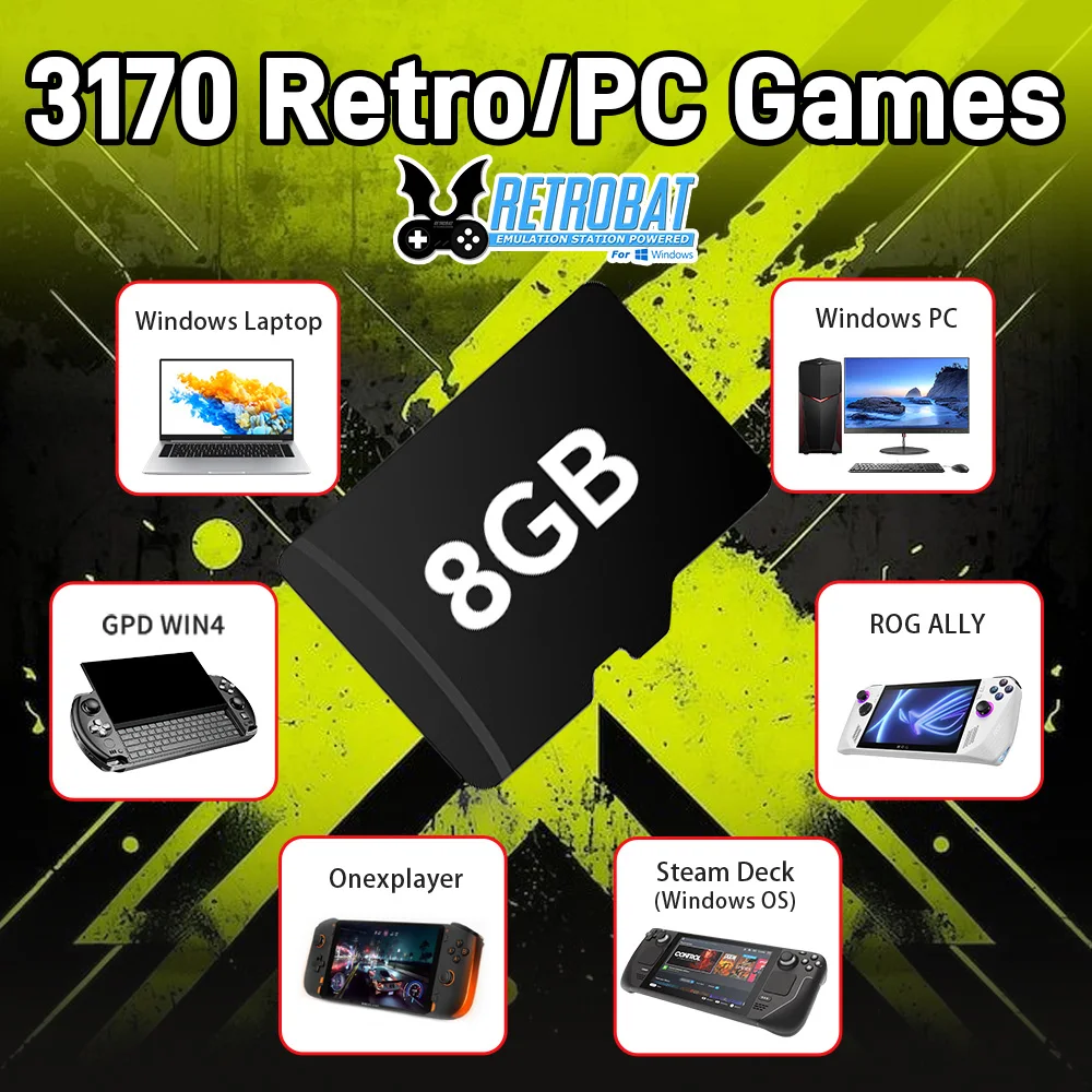 8GB Game TF Card with 3170 Retro/PC Games Retrobat OS for ROG ALLY/Onexplayer/GPD WIN4/Win Handheld Game Console/Win PC/Laptop