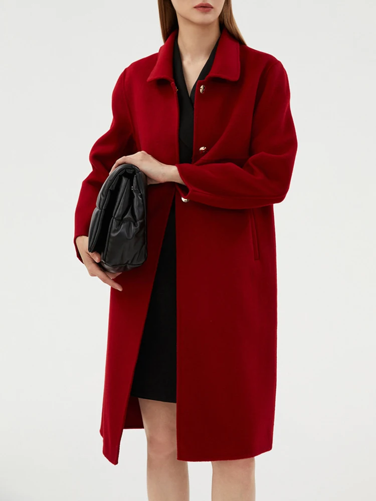 YERMORA Autumn Winter New Red Buckle Brief Woolen Coat For Women Lapel Long Sleeve Loose Overcoat Fashion Tide 2025 New