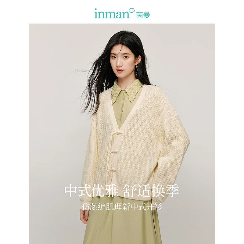 

INMAN 2024 autumnwinter Women's cardigan Neo-Chinese Style V-neck sweater coat disc buckle loose Knit outerwears long-sleeved