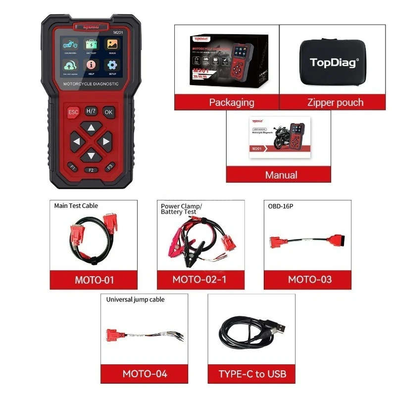 TopDiag M201 O-B-D Version Universal Motorcycle Diagnostic Scanner Engine Analyzer Battery Test 12V Wireless Connectivity LCD