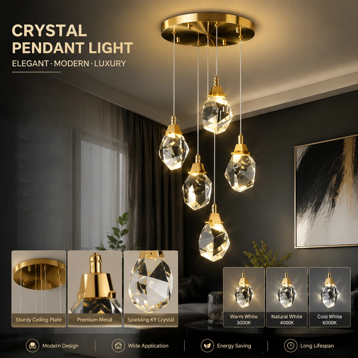Ceiling Pendant Lamp Home Decoration Living Room Modern Ceiling Chandelier LED Crystal Nordic Light Bedroom Lustre Lighting Lamp