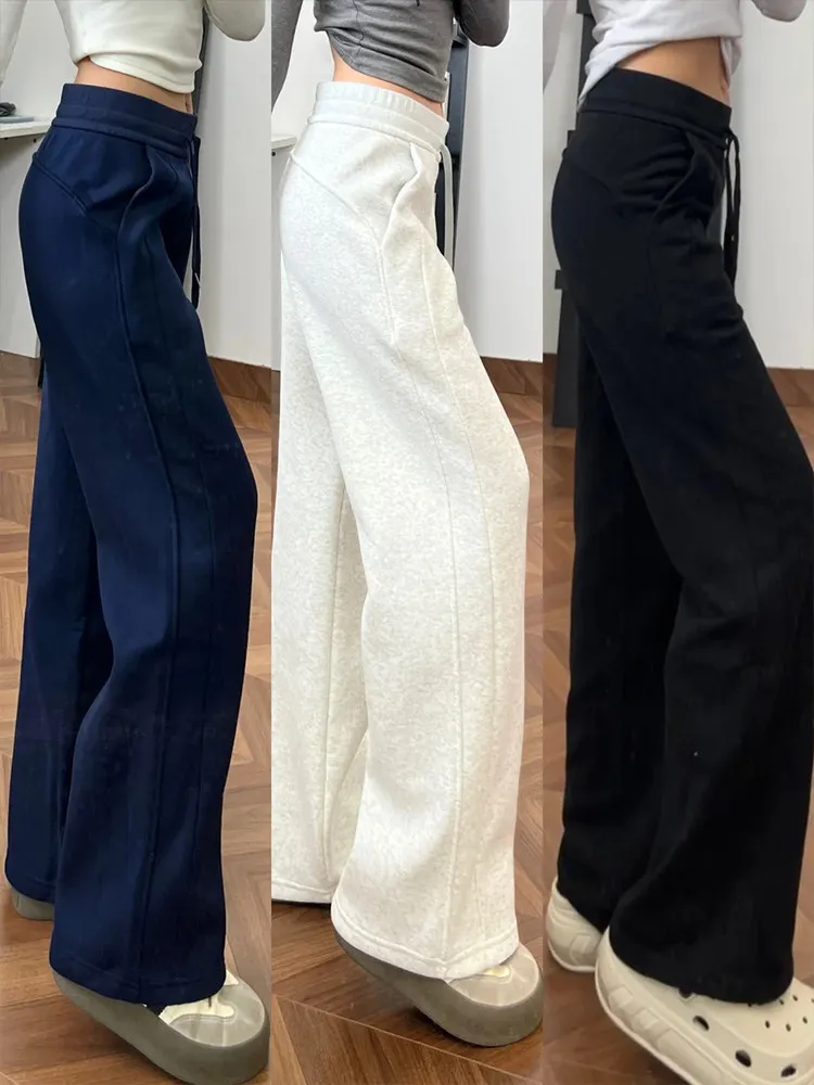 

High Waist Fleece Lined Sporty Wide Leg Pants Women's Autumn Winter Straight Cut Slimming Casual Trousers Floor Length
