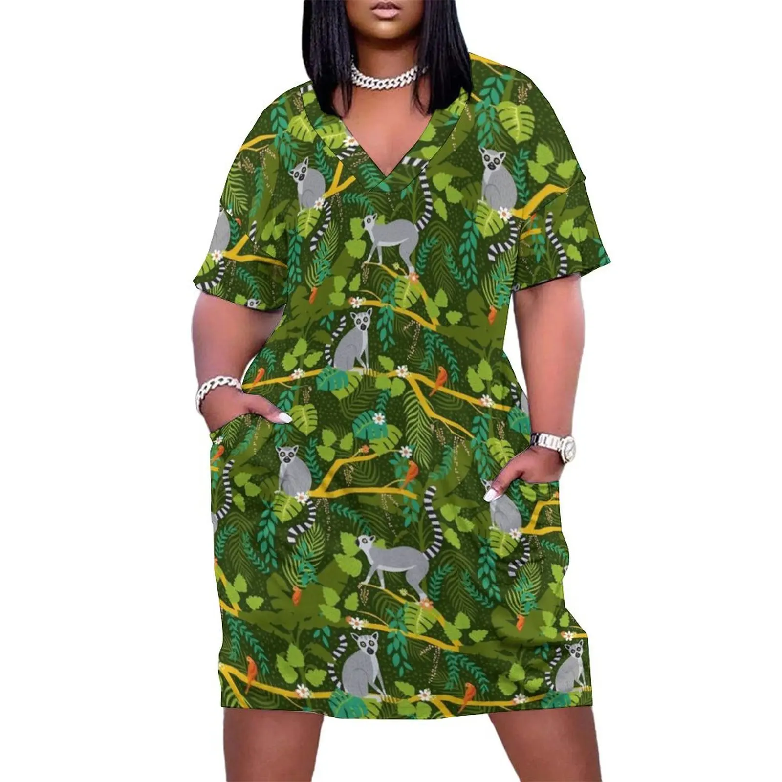 

Lemurs in a Green Jungle Loose Pocket Dress summer dress woman 2024 trendy Bride dresses Women"s summer long dress