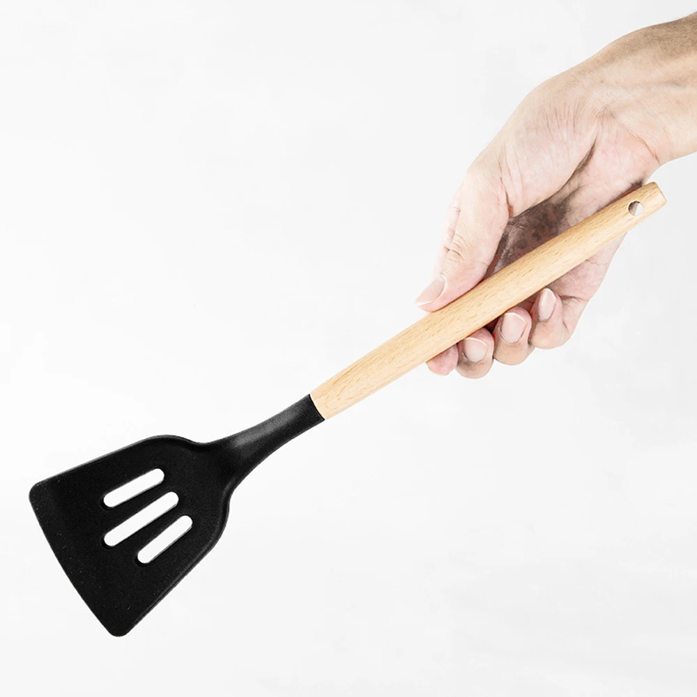 Silicone Kitchenware Utensils Set Black Non-stick Cookware Spatula Shovel Egg Beaters Wooden Handle Kitchen Cooking Tool Set