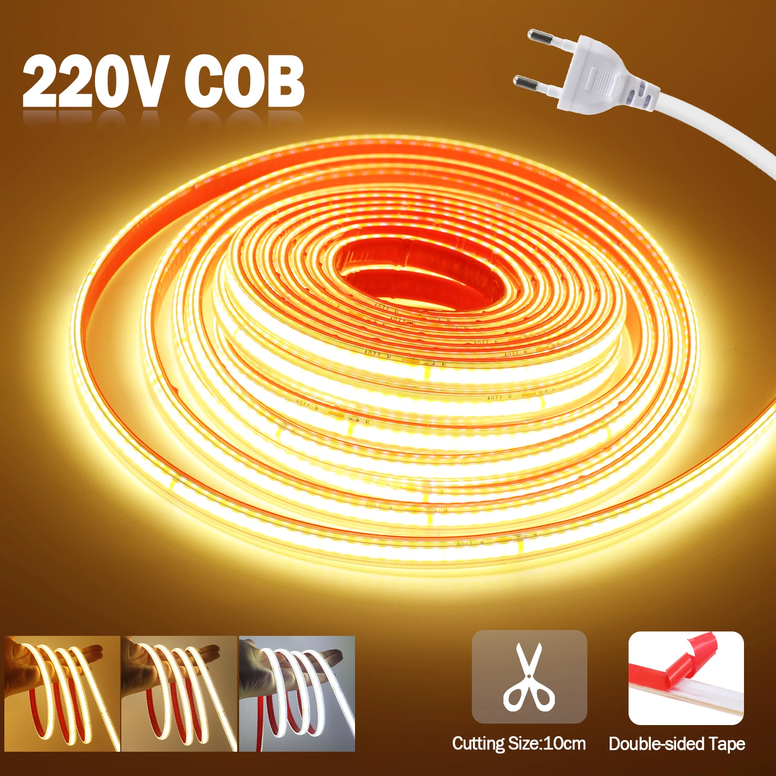 220V COB LED Strip IP65 Waterproof Flexible Tape Light Adhesive 240LEDs 10cm Cut Linear Lighting for Kitchen Garden Home Decor