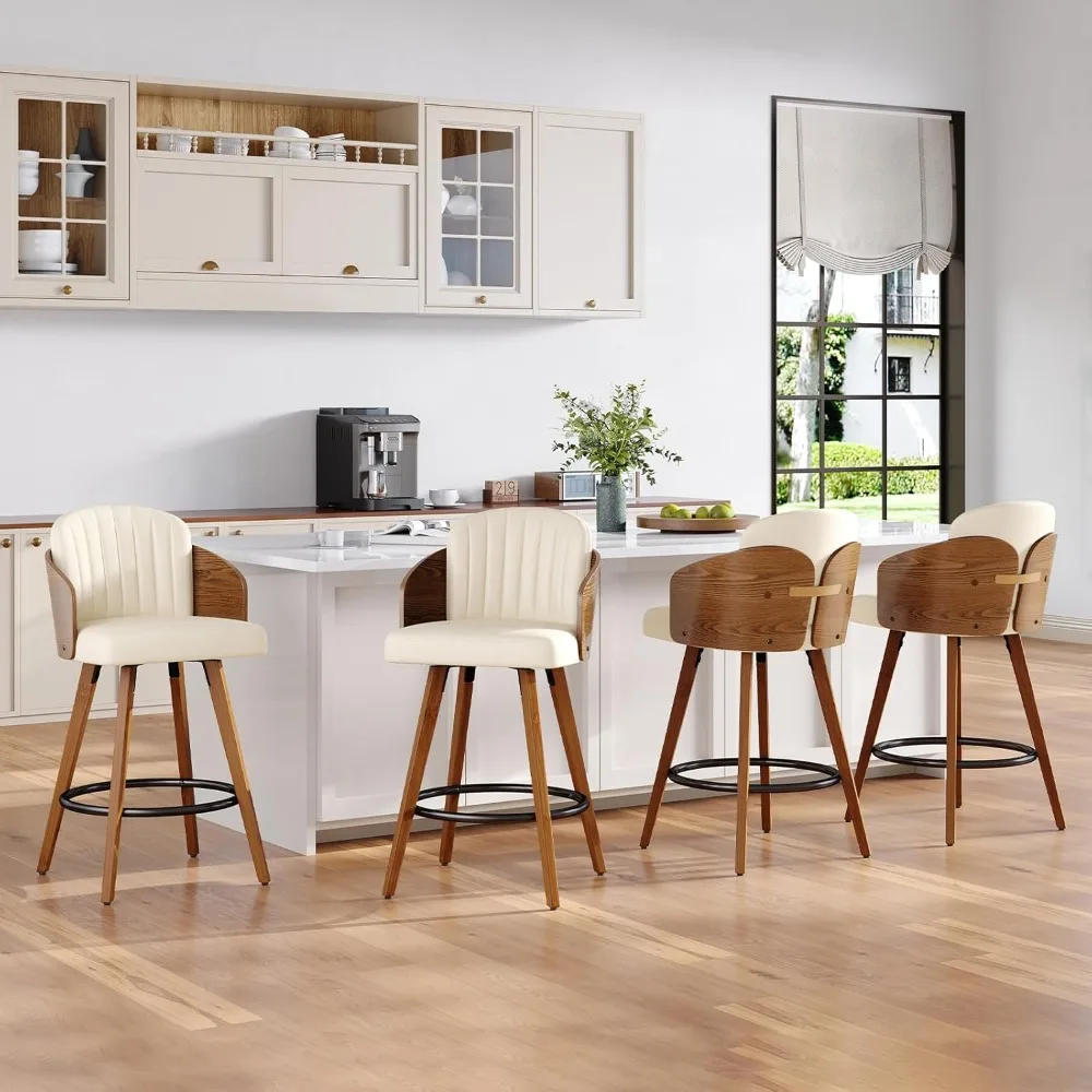 Bartools Juego de 2, Taburetes para mostrador de mediados de siglo de 26 pulgadas con respaldo y brazos de nogal, asiento tapizado para cocina Isla