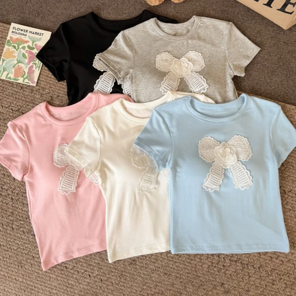 

Ins Sweet Cotton Korean Bow T-shirts With Chest Pads Embroidered Y2K Crop Tops Bowknot Korean Style Short Shoulder Tops Women