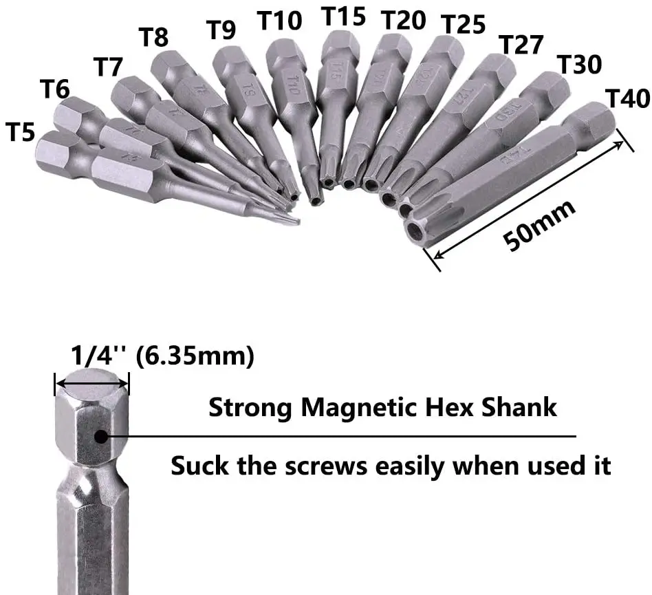 12pcs 50mm Torx Screwdriver Bits With Hole T5  T9 T10 T15 T20 T27 T30 T40 1/4 Inch Hex Shank Electric Screw Driver Star Bit Set