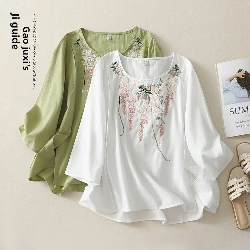 

Летняя художественная свободная женская футболка в стиле ретро с шелковой вышивкой Ele irt-Quarter Sve в этническом стиле