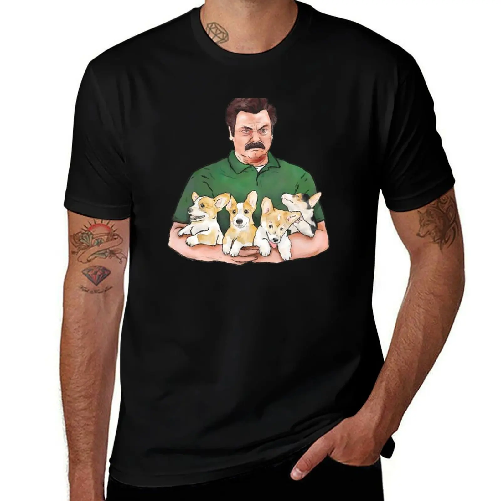 Ron Swanson Holding Corgi Puppies T-Shirt Festival Party Tee Top T-Shirt