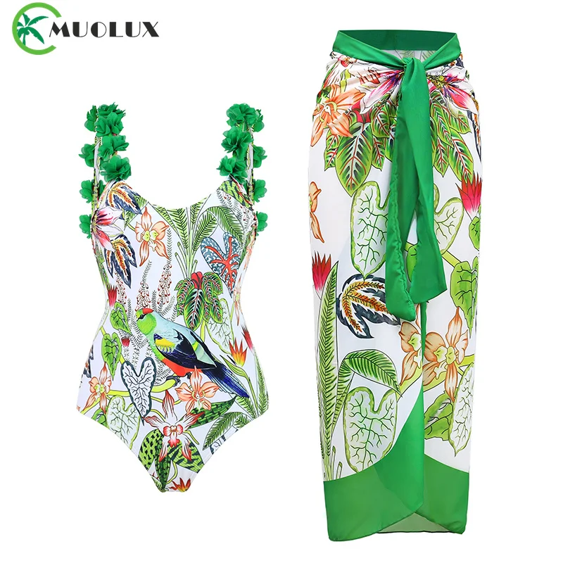 

MUOLUX New Women One Piece Swimsuit 3D Flower Printed Backless Bikinis Swimwear Brazilian Biquini Bathing Suit Beachwear Skirt