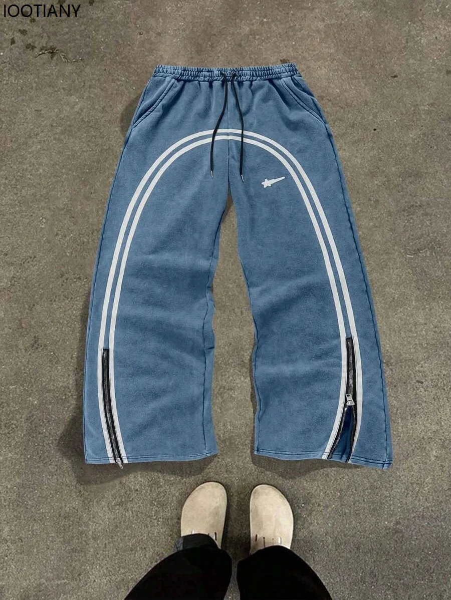 American New Trend Striped Side Zipper Design Elastic Waist Wide-Leg Pants Men's Y2K Harajuku Hip-Hop Joker Casual Sweatpants