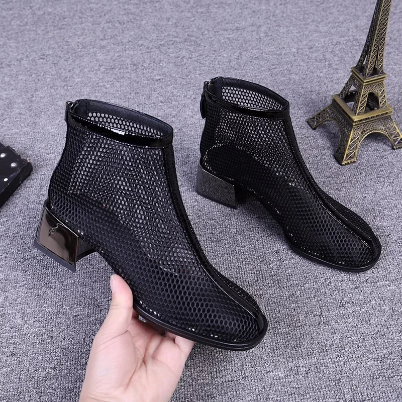 2024 New Summer  Ankle Mesh Breathable Shoes Women Cool Hollow Mid-heel Sandals Short Boots  Fashion Sexy Ladies Sandals