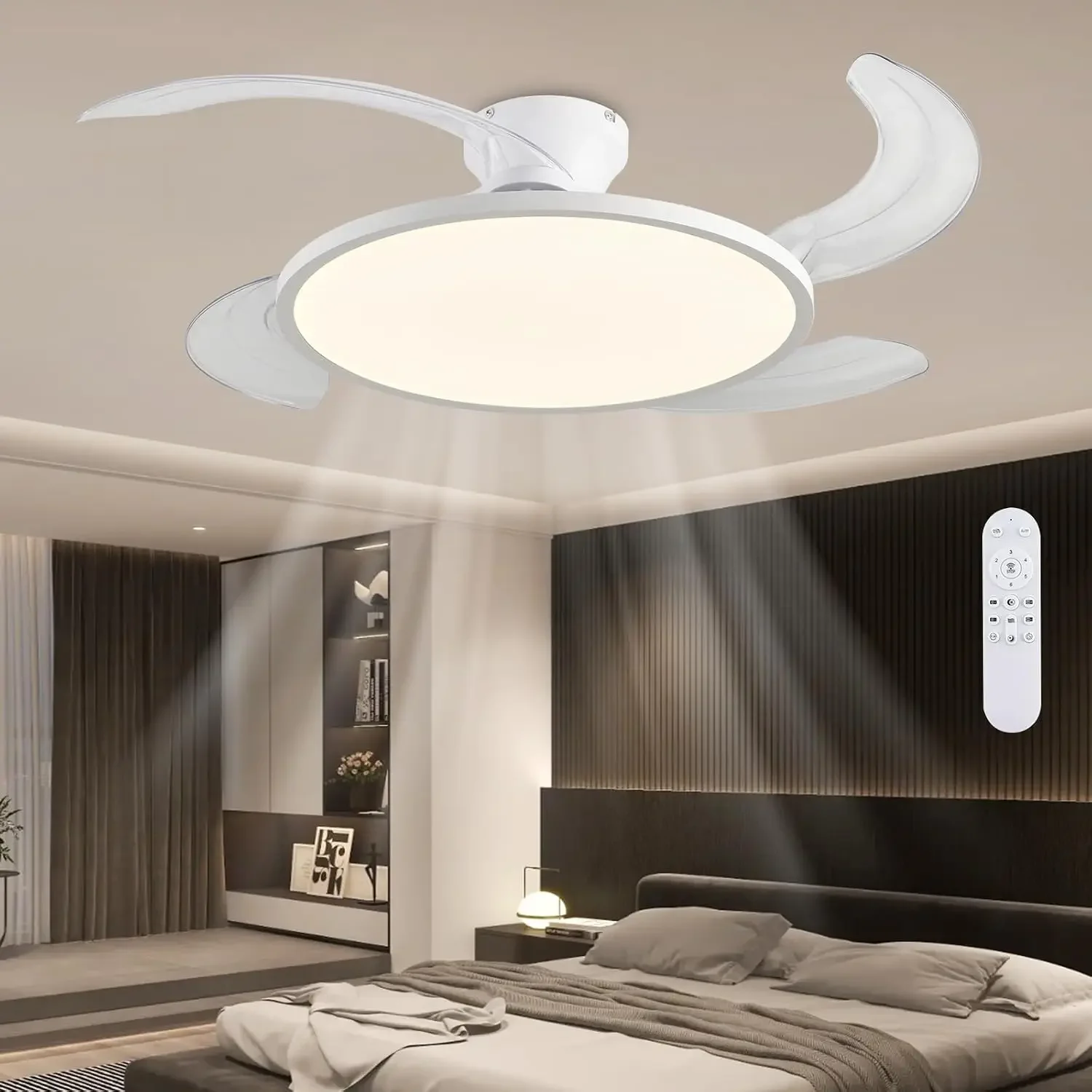 Retractable Ceiling Fan with Lights,42 Inch Low Profile Ceiling Fan with Remote Control,Retractable Blades,Dimmable Full