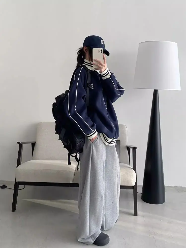 Korea Relaxed Casual Stand-Up Collar Sweatshirt Cardigan Women Spring Autumn New Niche Loose Design Baseball Uniform Top