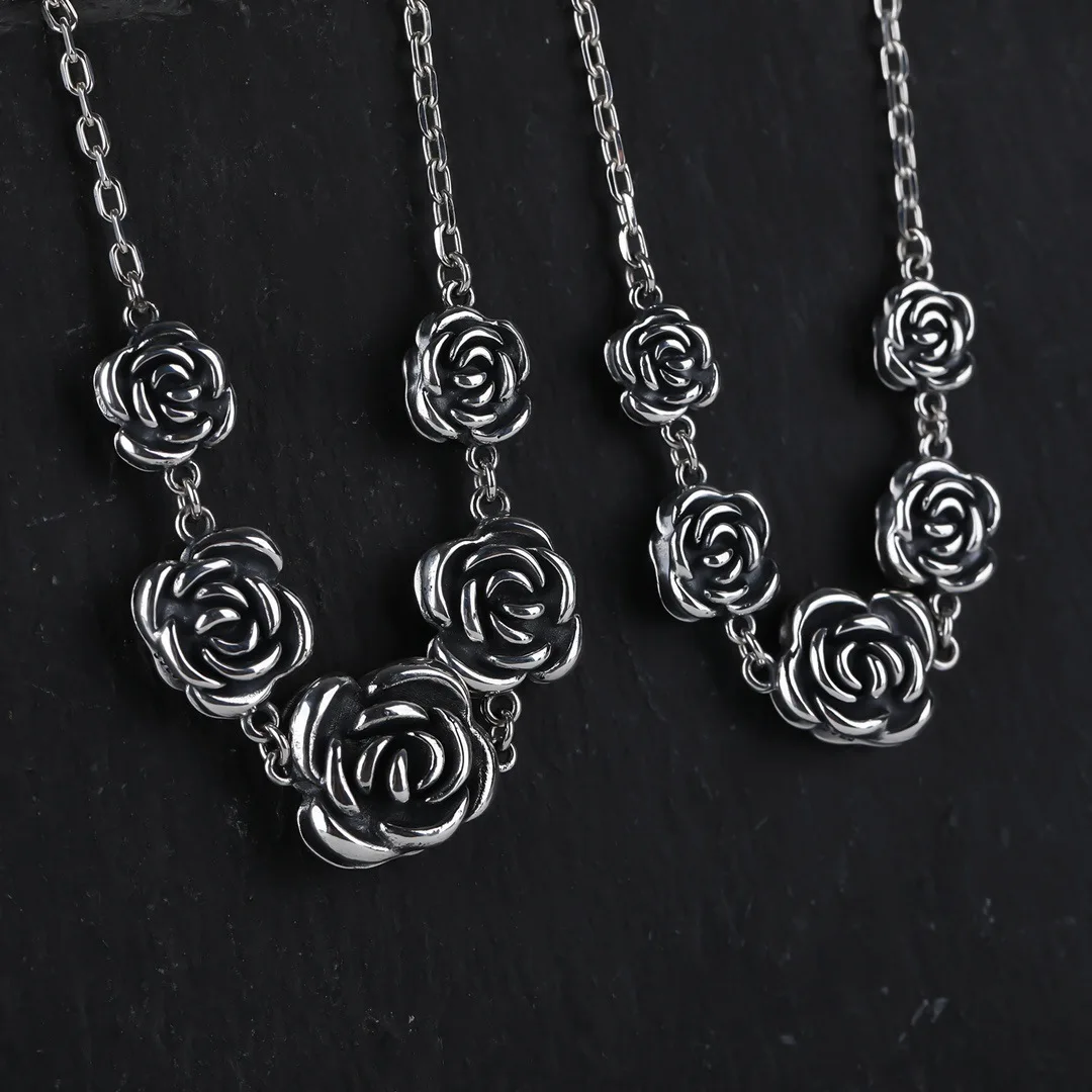 Hohe Qualität Retro Rose Blume Thai Silber Weibliche Halskette Schmuck Für Frauen Weihnachten Geschenke Kurze Ketten Nie Verblassen – Detail 5