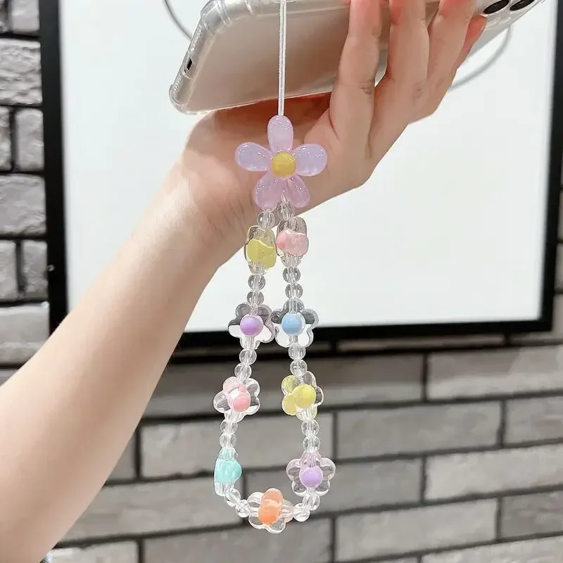 Romantic Colorful Flower Beaded Phone Chain Lanyard Jewelry for Women Love Butterfly Charm Phone Case Wrist Strap Accessories