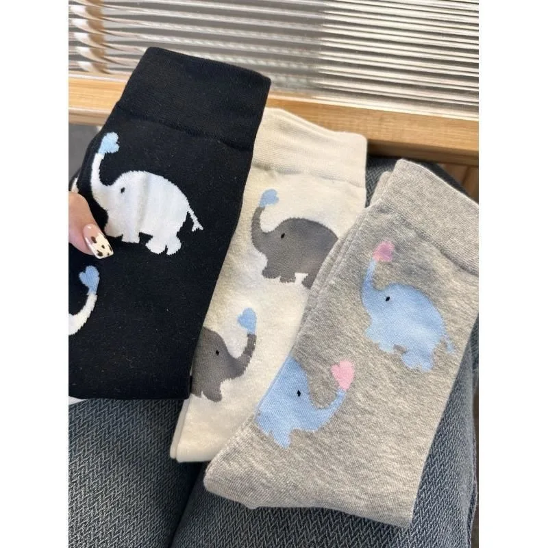 Cute Elephant Socks for Men and Women Japanese Trend Internet Celebrity Cartoon Korean Version Black White Gray Mid Tube Socks