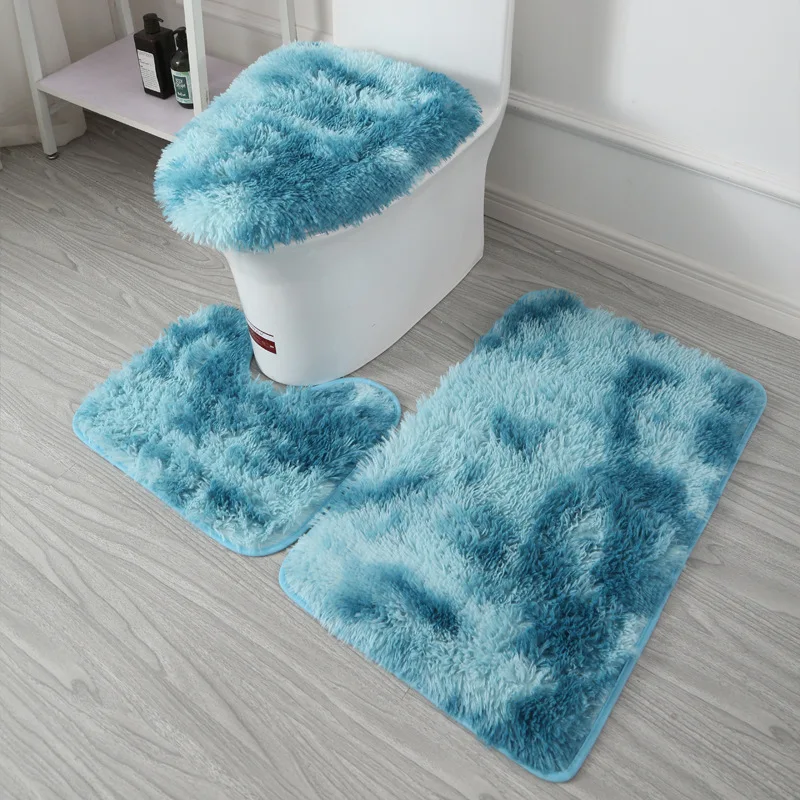 3pcs/Set Tie-dyed Plush Bathroom Absorbent And Non-slip Shower Carpet Comfort Soft Toilet Cover Three-piece Set Machine Washable