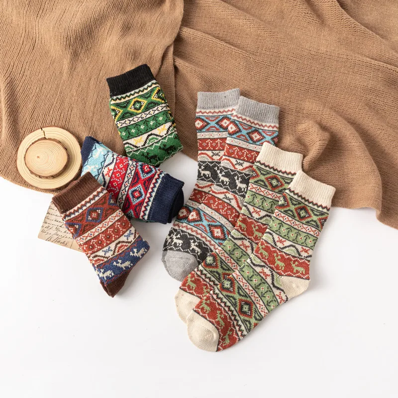 

5 Pairs Fashion Cute Women Mid-tube Casual Socks Diamond Snow Deer Ethnic style Thick Warm Rabbit Wool Socks