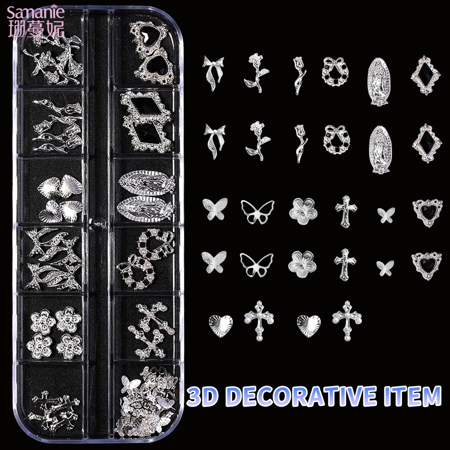 6 Boxes Mixed Silver Nail Art Charms Kit, Metal Rhinestone Pearl Ornaments with Pickup Pen for DIY Craft
