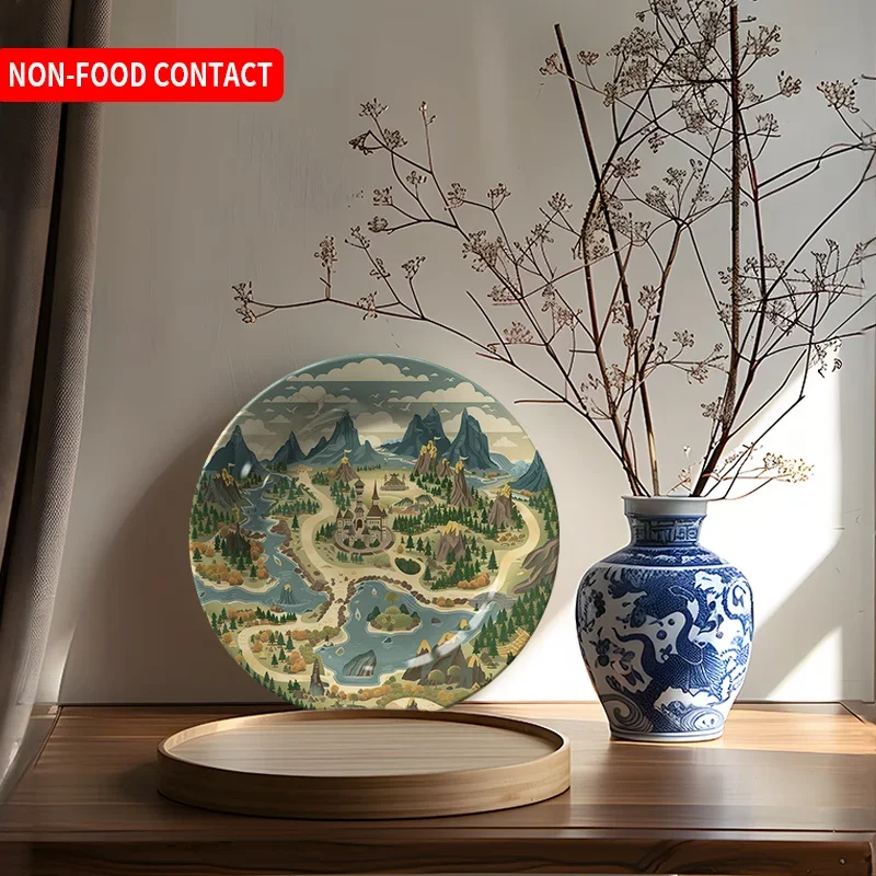 1pc Non-Food Contact Ceramic Wall Art Plate - Hand-Painted Rural Landscape with Mountains, Rivers & Cottage Scene, Round