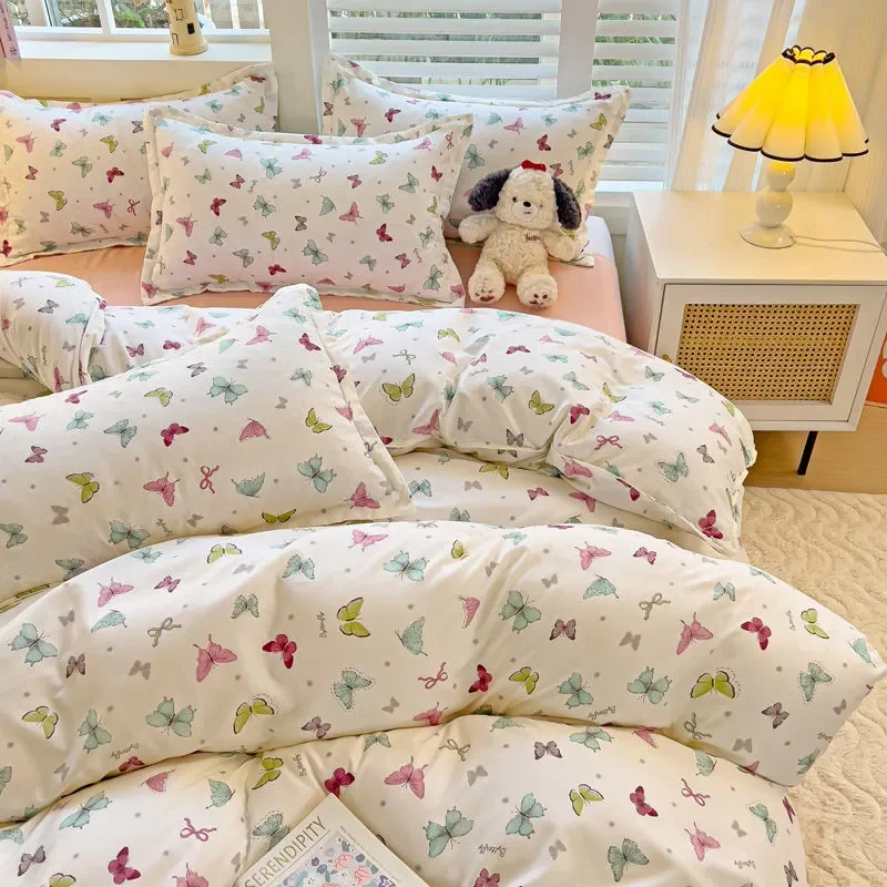 Cartoon Bedding Set Kawaii Twin Queen Size Duvet Cover Flat Sheet Pillowcase Bed Linen Girls Adults Fashion Floral Home Textile