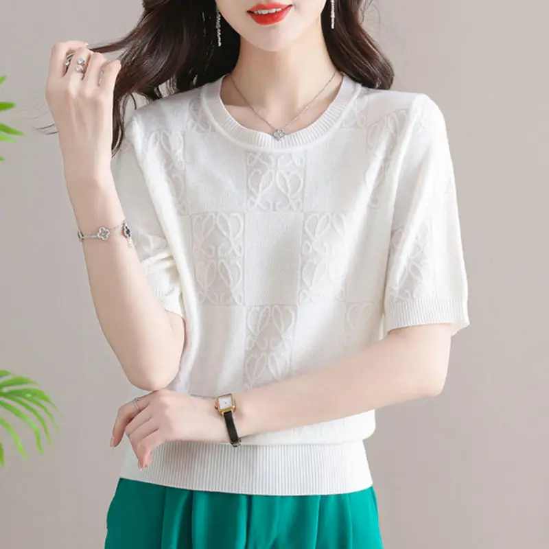Fashion O-Neck Knitted All-match Short Sleeve Blouses Women's Clothing 2024 Summer New Loose Casual Tops Commuter Shirts