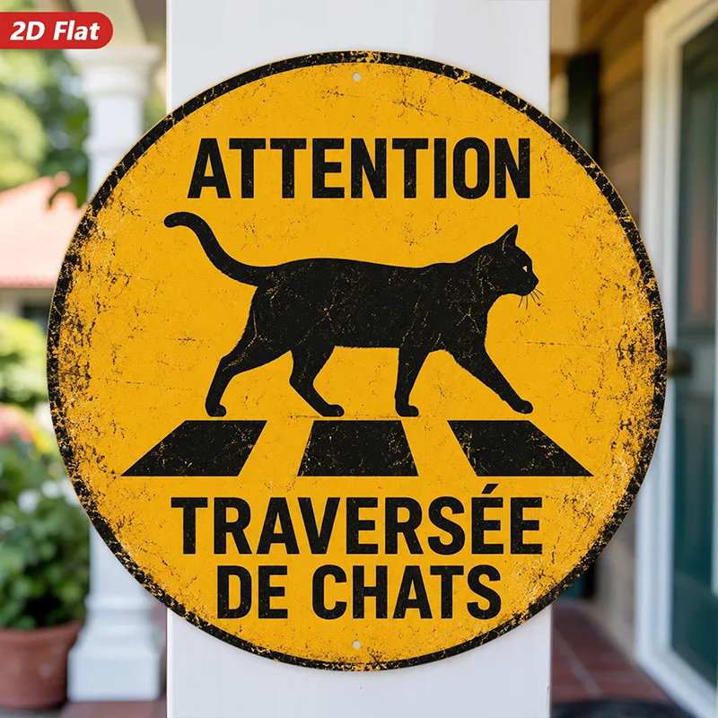 2D Flat, [2D Flat] 2D Flat Print 1pc Round Metal Iron Sign Black Cat Crossing Wall Art, Attention Traversee De Chats Text, Home
