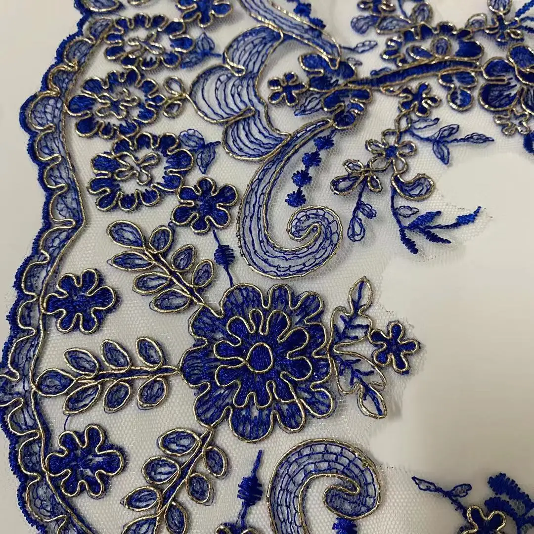 1Yard 23cm wide  Blue Thread Gold Femur Embroidery Lace Dress Home Textile Cord Lace Dance Trims Clothes Children\'s Wear