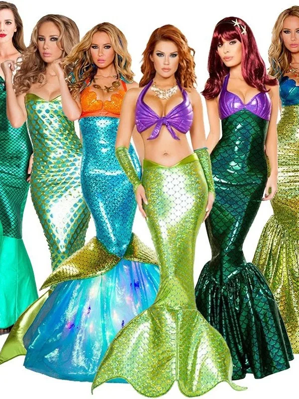 

Костюм Русалки для взрослых: Сверкающее вечернее платье для ролевых игр и выступлений, с эффектом обхвата груди, для Хэллоуина