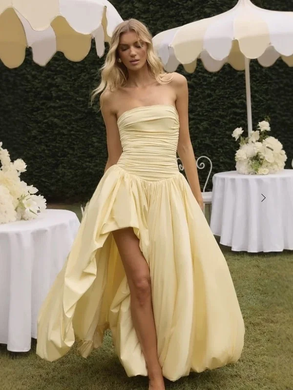 

Ele Yellow Off-oulder Long Dr Princ Sle Asymmetrical Hemline Maxi Dr High Waist Princ Ball Gown