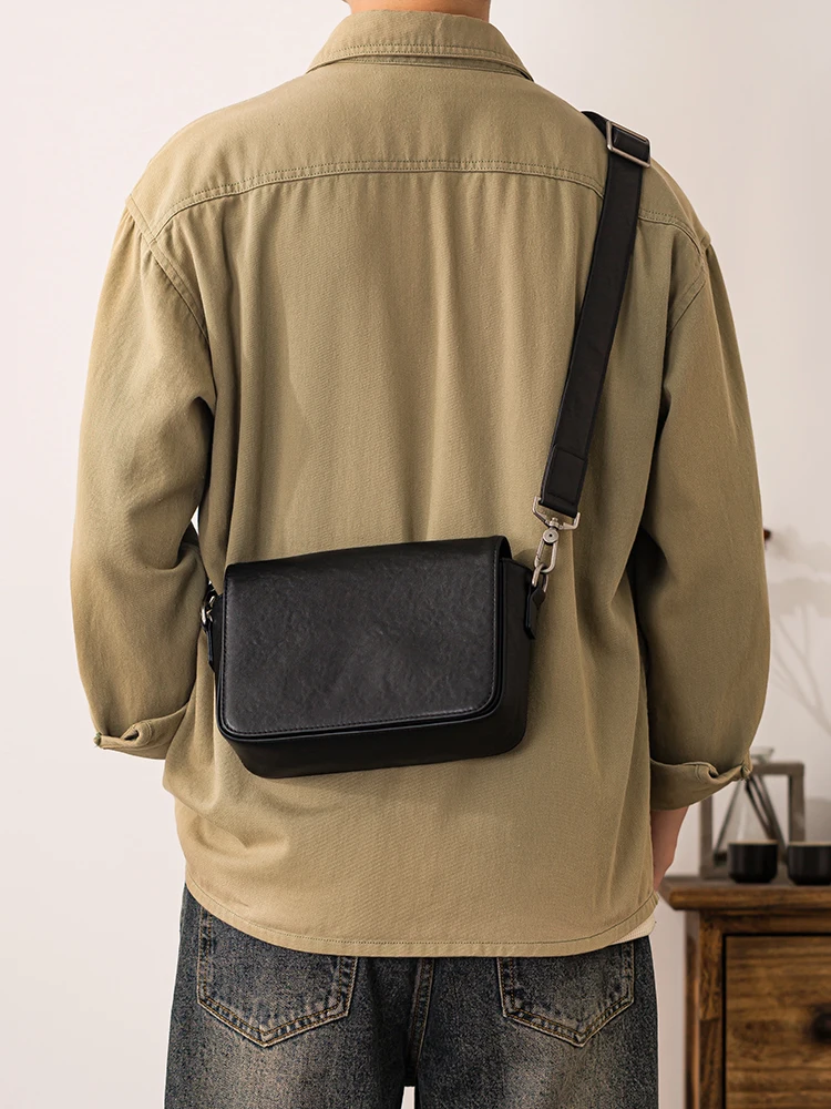 Simple casual luxury first layer cowhide men's messenger bag daily work handmade soft genuine leather teens black shoulder bag