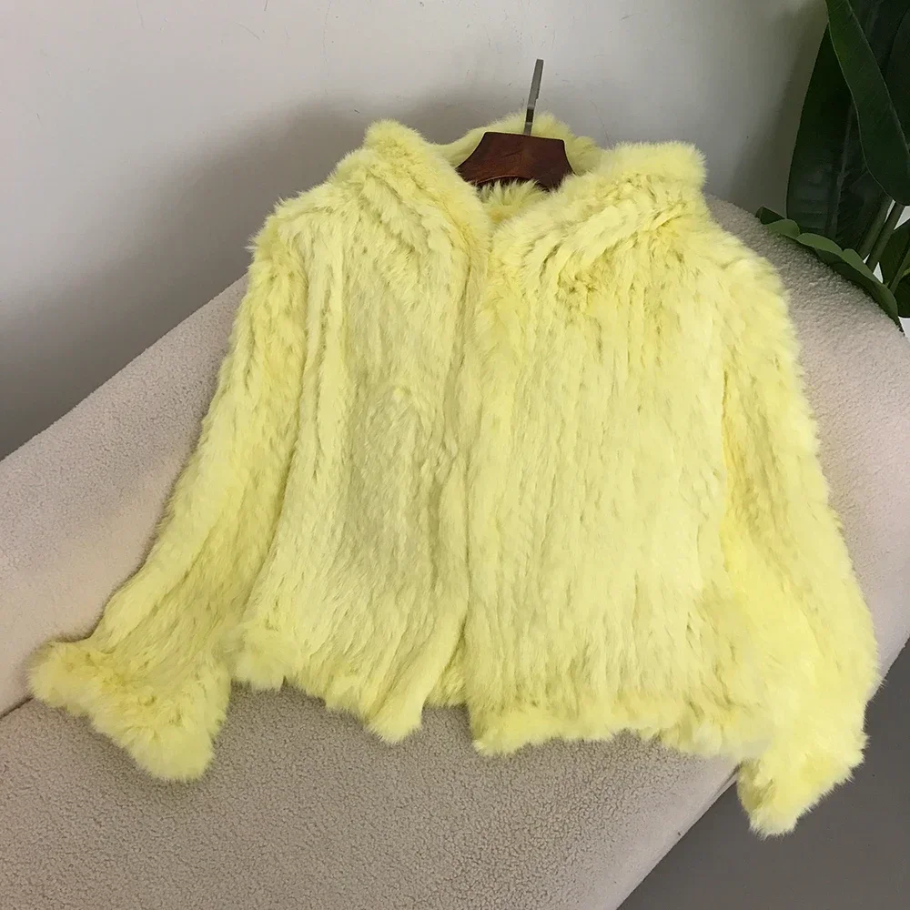 

Real Fur Jacket Handmade New 2024 Autumn WinterDouble-sided Woven Hooded Korean Style Short Rabbit Fur Coat Women High Street