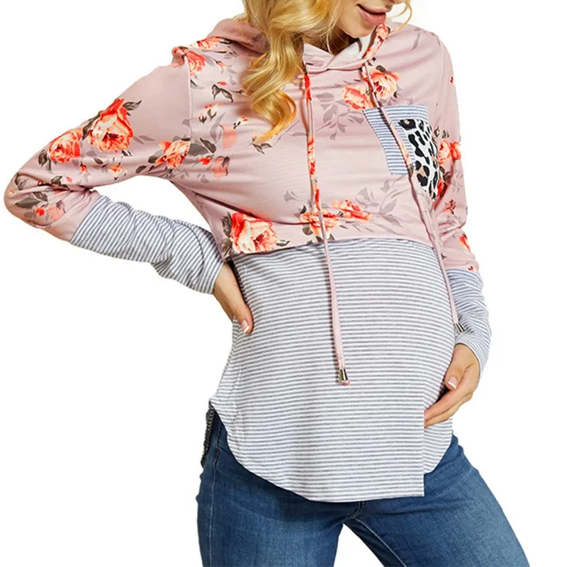 Women Maternity T-shirt Hoodies Sweatshirt Fall Long Sleeve Stripe Nursing Top Breastfeeding Colorblock Shirts Pregnancy Clothes