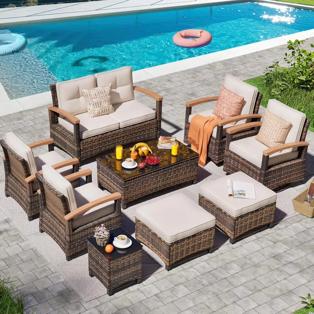 

9 Pieces Outdoor Patio Furniture Sets,PE Wicker Patio Conversation Sets with 2 Wood Armrests Swivel Rocker Chairs,2 Single Chair