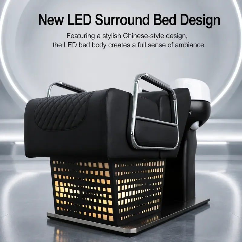 Bohore Ceramic Basin Shampoo Bed Semi Reclining Hair Washing Station with Light Stainless Steel Flushing Unit for Barber Shop