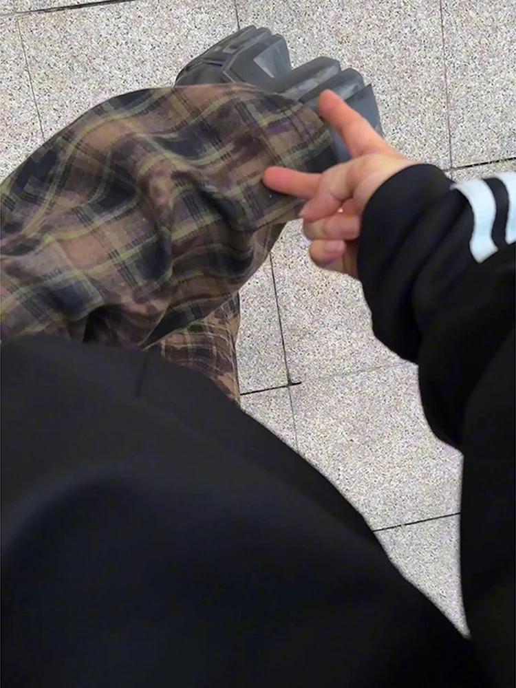 

Мужские повседневные спортивные брюки в клетку с полосками и пэчворком, с высокой талией, прямые, свободные, в американском стиле, для осени и весны