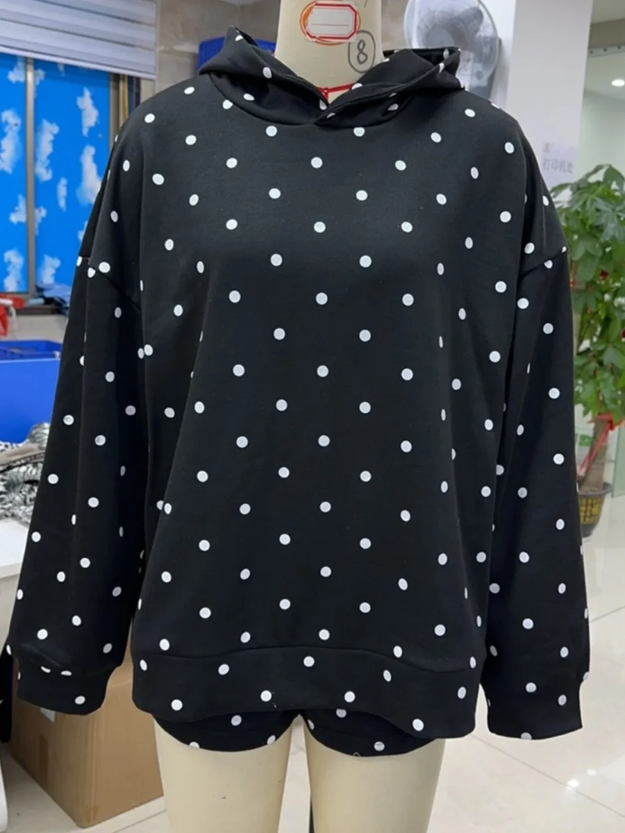 2-teiliges Workout-Set für Damen, Teenager, Mädchen, Y2k, gepunktetes Sweatshirt, Kapuzenpullover, Pullover, Outfit, Lounge-Shorts, Trainingsanzüge