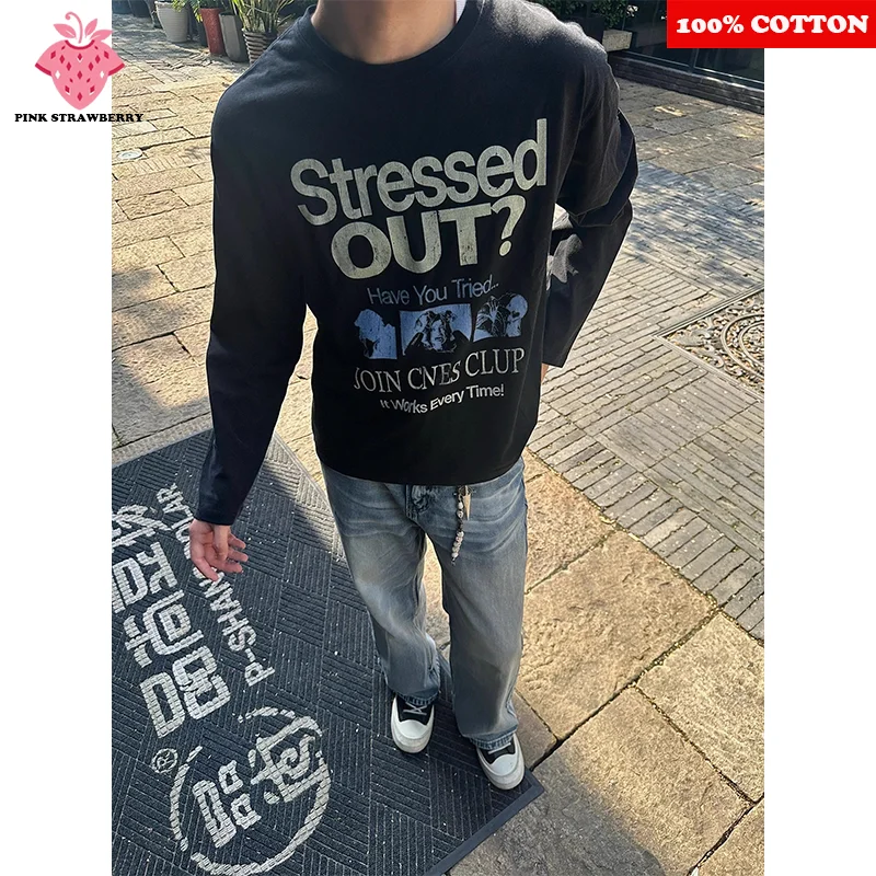 

American Retro Black Long sleeved T-shirt Men Autumn 2025 New 100% Cotton Street Casual Sports Gym T-shirt Y2k Tops men clothing