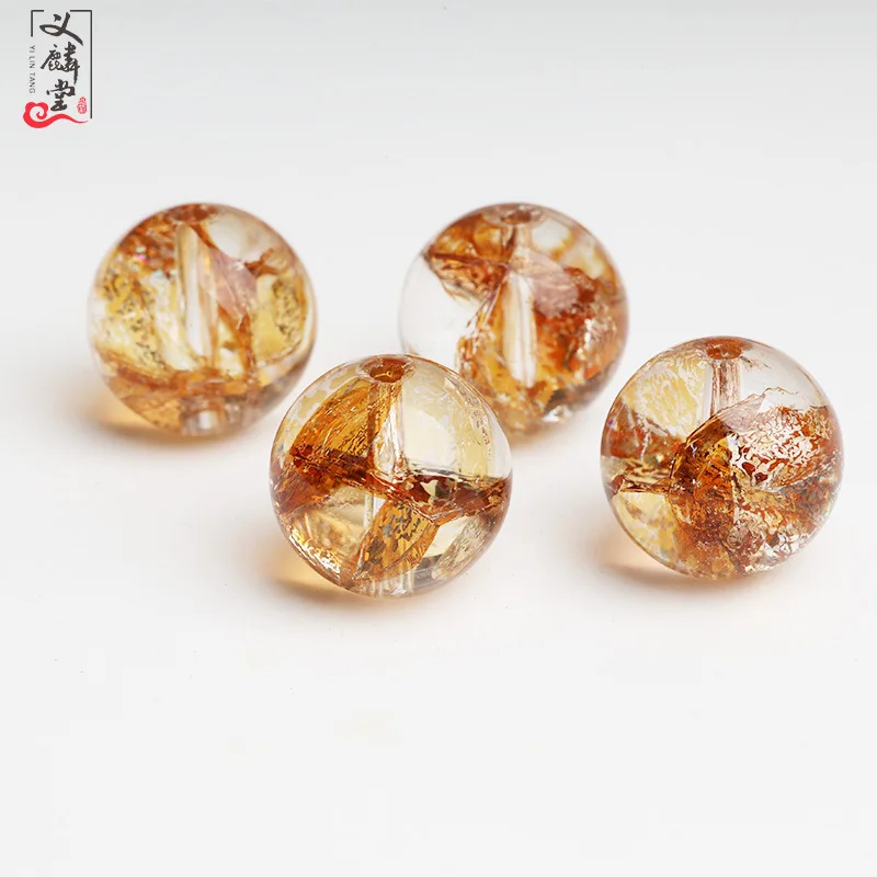 Snqp Chinese Style Gold Foil Koi Carp Yellow Glue Flower Crystal Round Beads Through Hole Lucky Fortune Blessing Beads For Diy