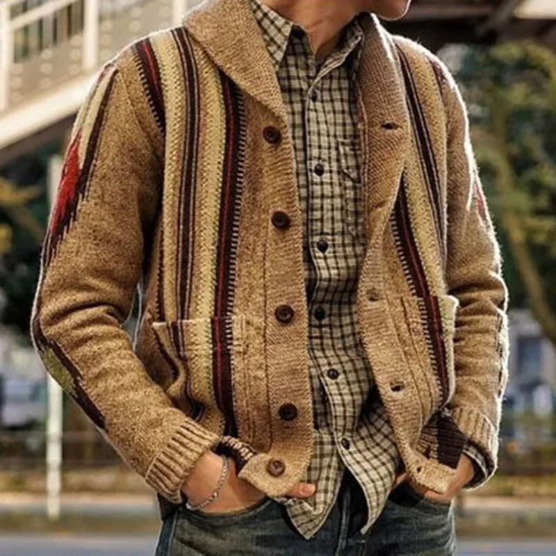 

New Fashion Men Streetwear Cardigans Sweatercoats Autumn Man Outwear Casual Cardigans Retro Jacquard Sleeve Knitted Sweaters 3XL