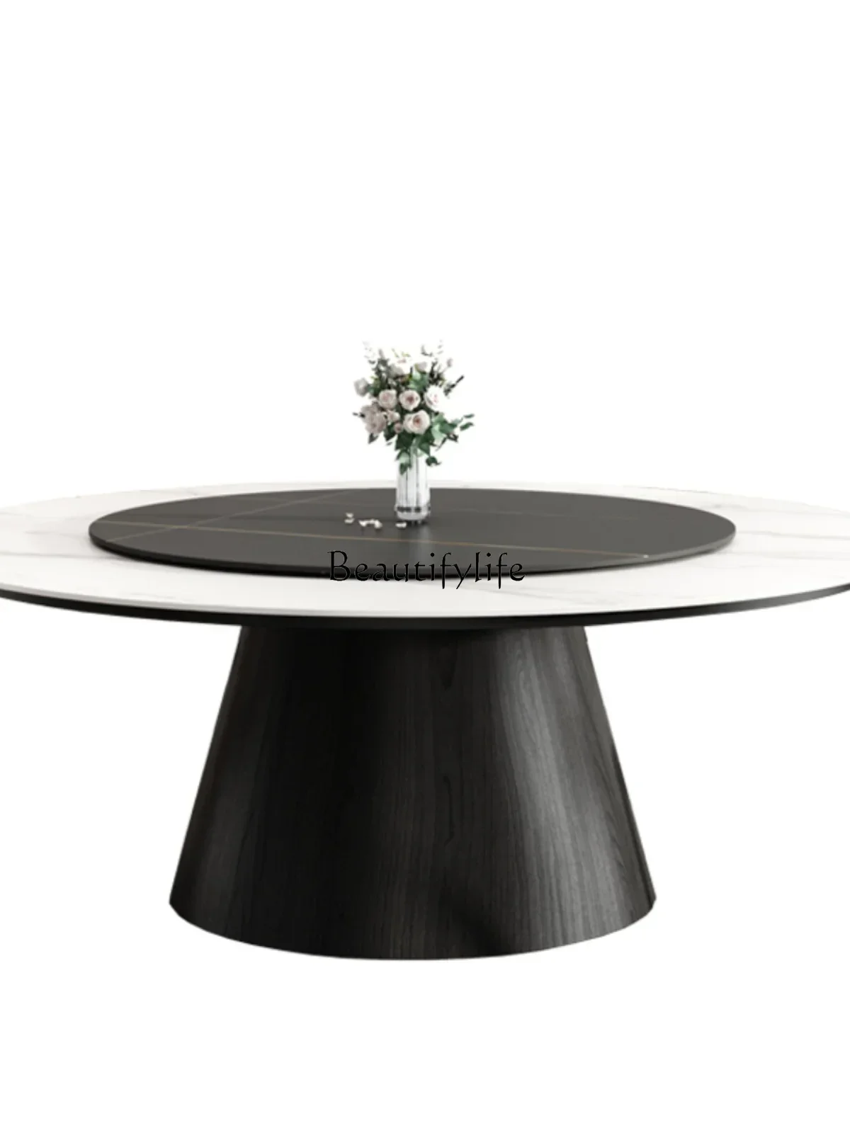 

LJY*Nordic Solid Wood Stone Plate Round Table Home Wood Color Cream Style Embedded round Table with Turntable
